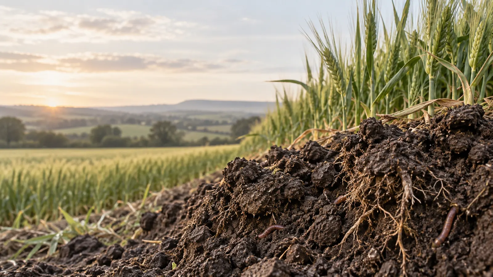 A broken clod of dark arable soil with fine roots and earthworms, a ripening cereal field behind it.